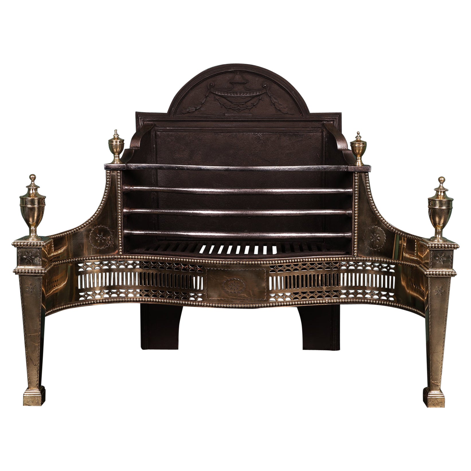 English Brass, Polished Steel & Cast Iron Fire Grate