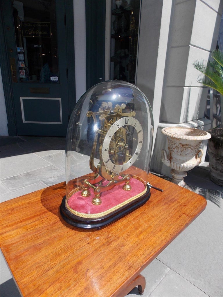 English Brass and Polished Steel Skeleton Clock Under Glass Dome T. Mapple C 1850 For Sale at