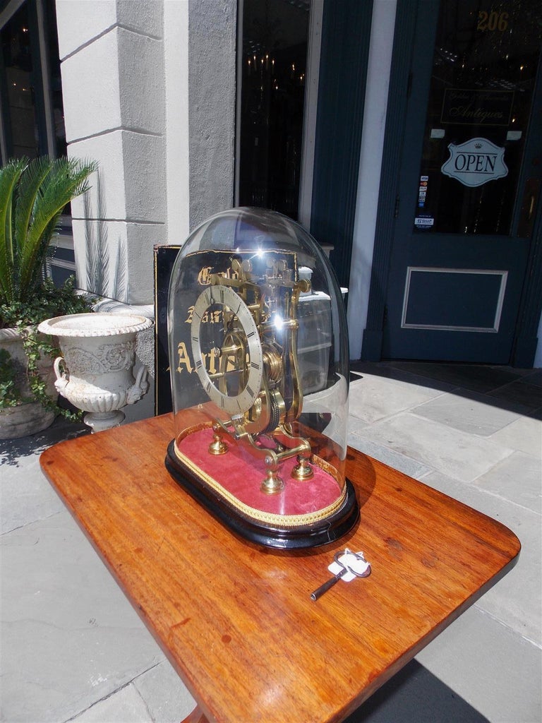 English Brass and Polished Steel Skeleton Clock Under Glass Dome T