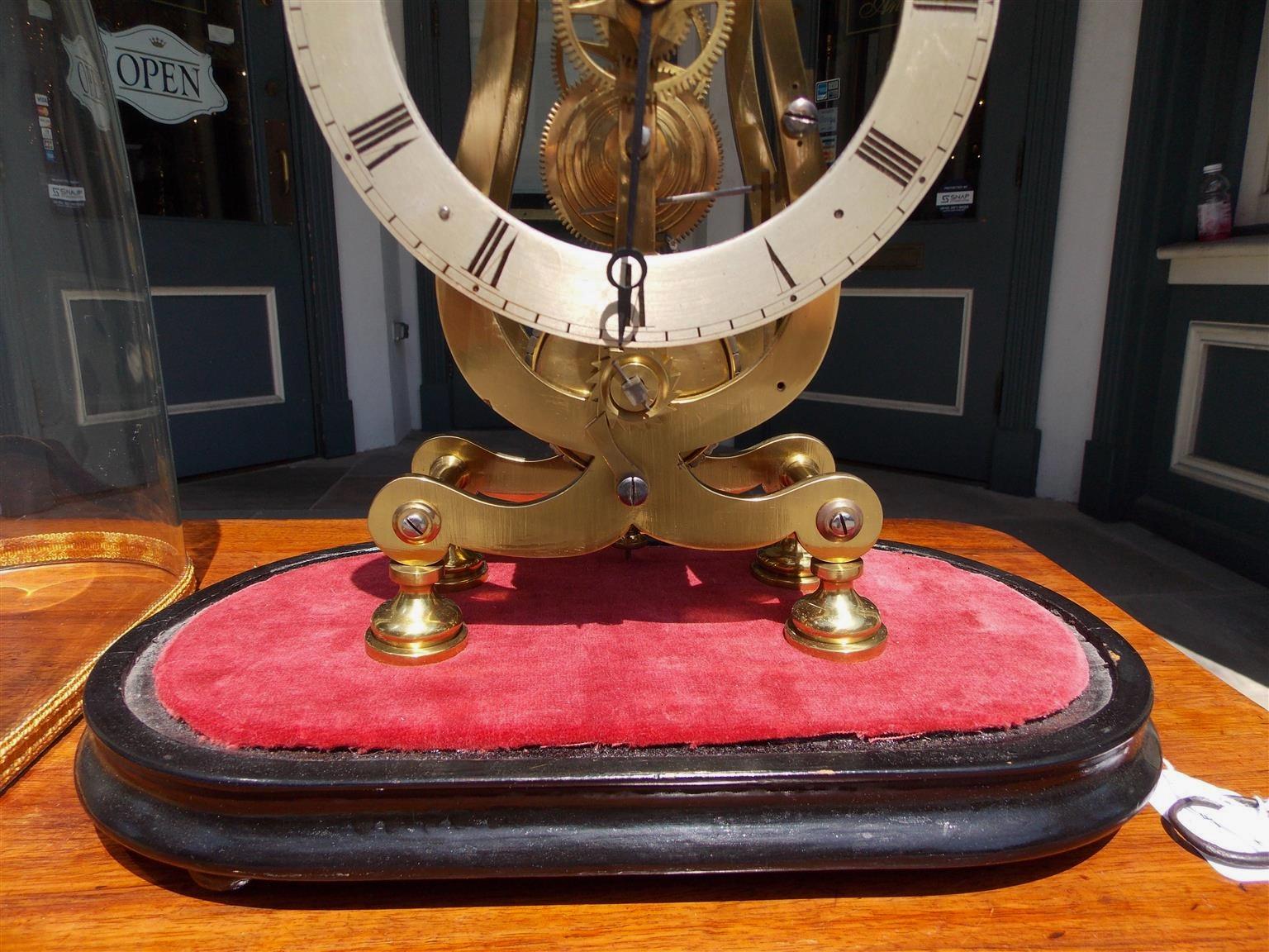 English Brass & Polished Steel Skeleton Clock Under Glass Dome T. Mapple C 1850 In Excellent Condition For Sale In Hollywood, SC