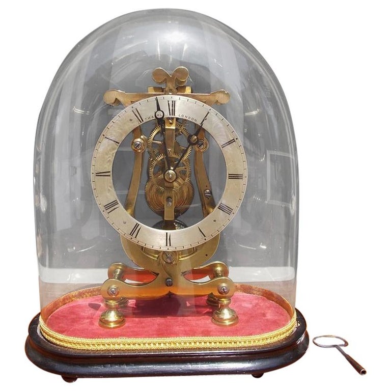 English Brass and Polished Steel Skeleton Clock Under Glass Dome T