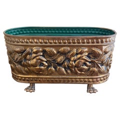 English Brass Repoussé Rose Cachepot with Paw Feet, Mid-20th Century