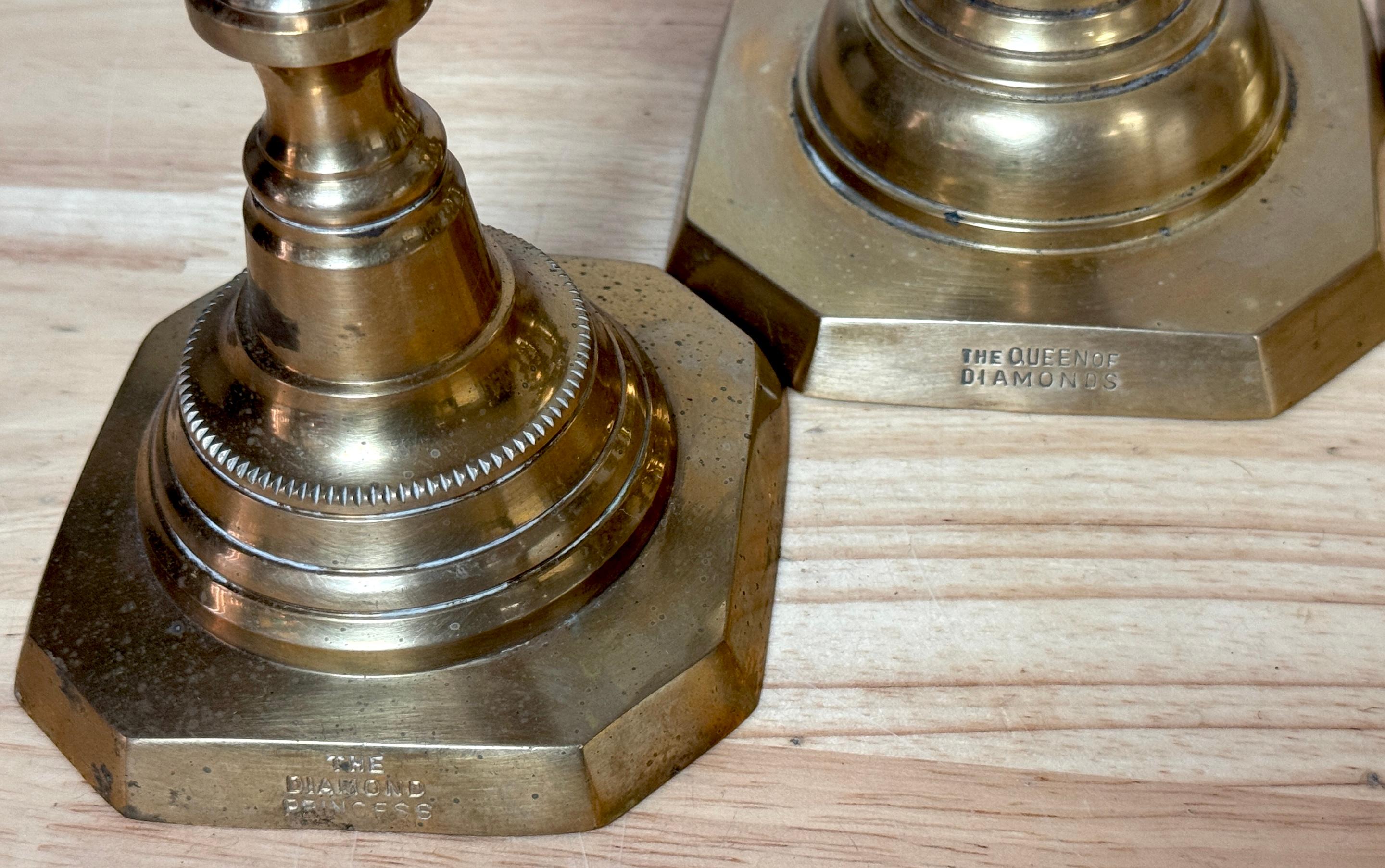 English Brass “Royal Family” Diamond Candlesticks – Complete Set of Four Pairs (Englisch) im Angebot