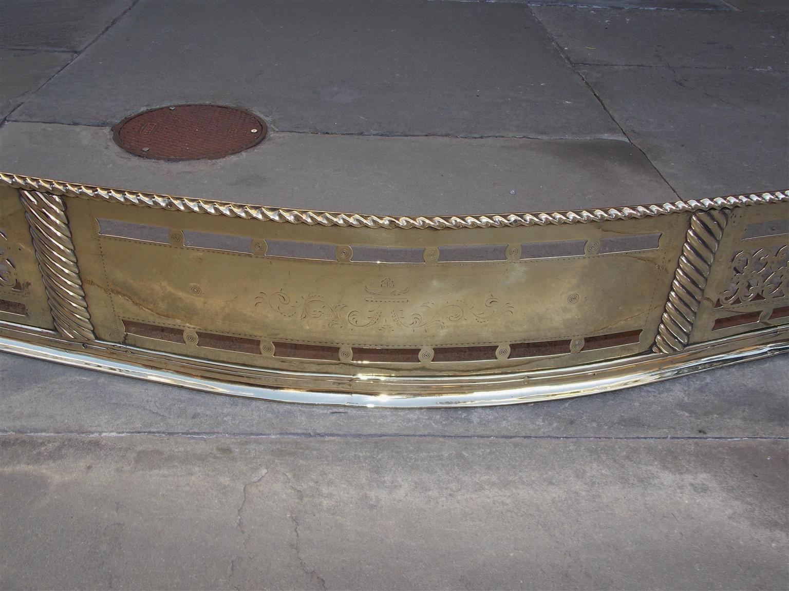 English Brass Serpentine Engraved and Pierced Galley Fire Place Fender, Circa 1770 For Sale