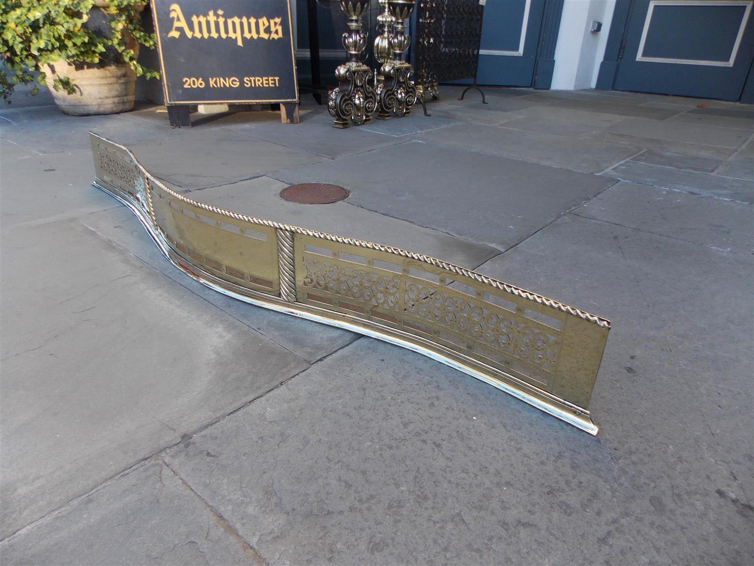 Cast Brass Serpentine Engraved and Pierced Galley Fire Place Fender, Circa 1770 For Sale