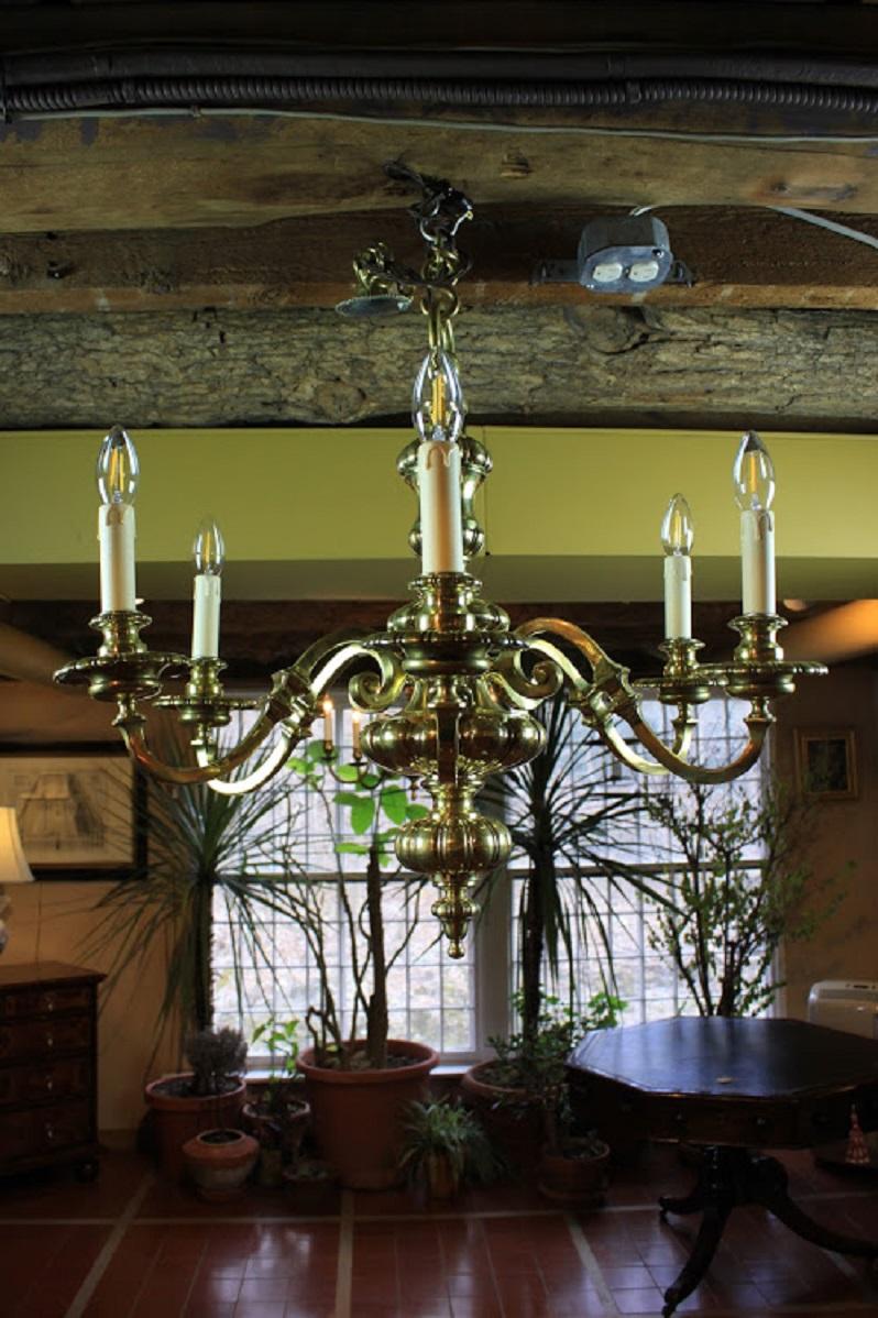 English Brass Six-Arm Chandelier For Sale 6