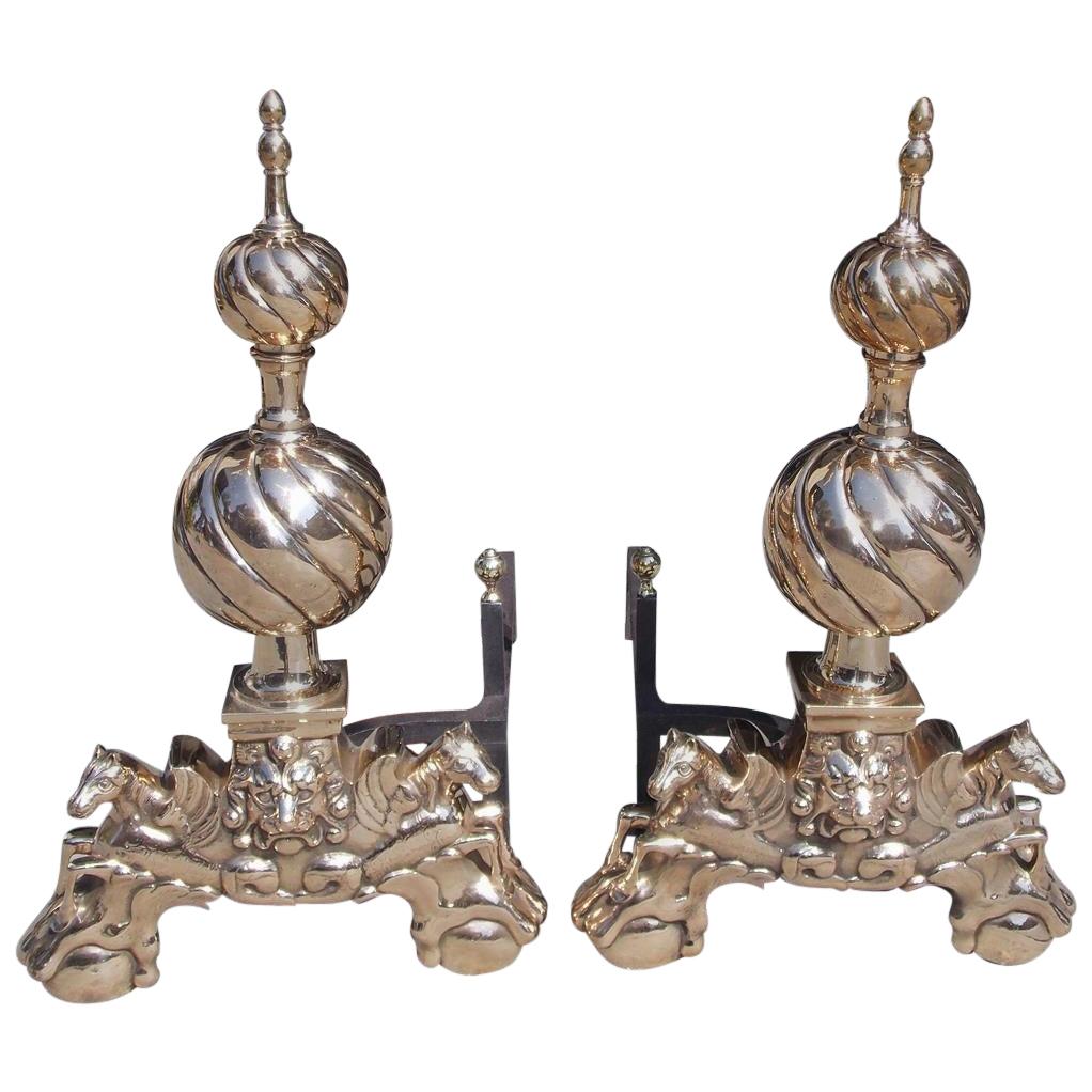 Pair of English Brass Spiral Ball Andirons with Flanking Lion & Pegasus. C. 1840 For Sale
