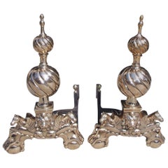 Pair of English Brass Spiral Ball Andirons with Flanking Lion & Pegasus. C. 1840