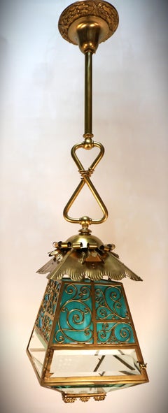 English Brass-Stained and Beveled glass Electrified Gas Lantern