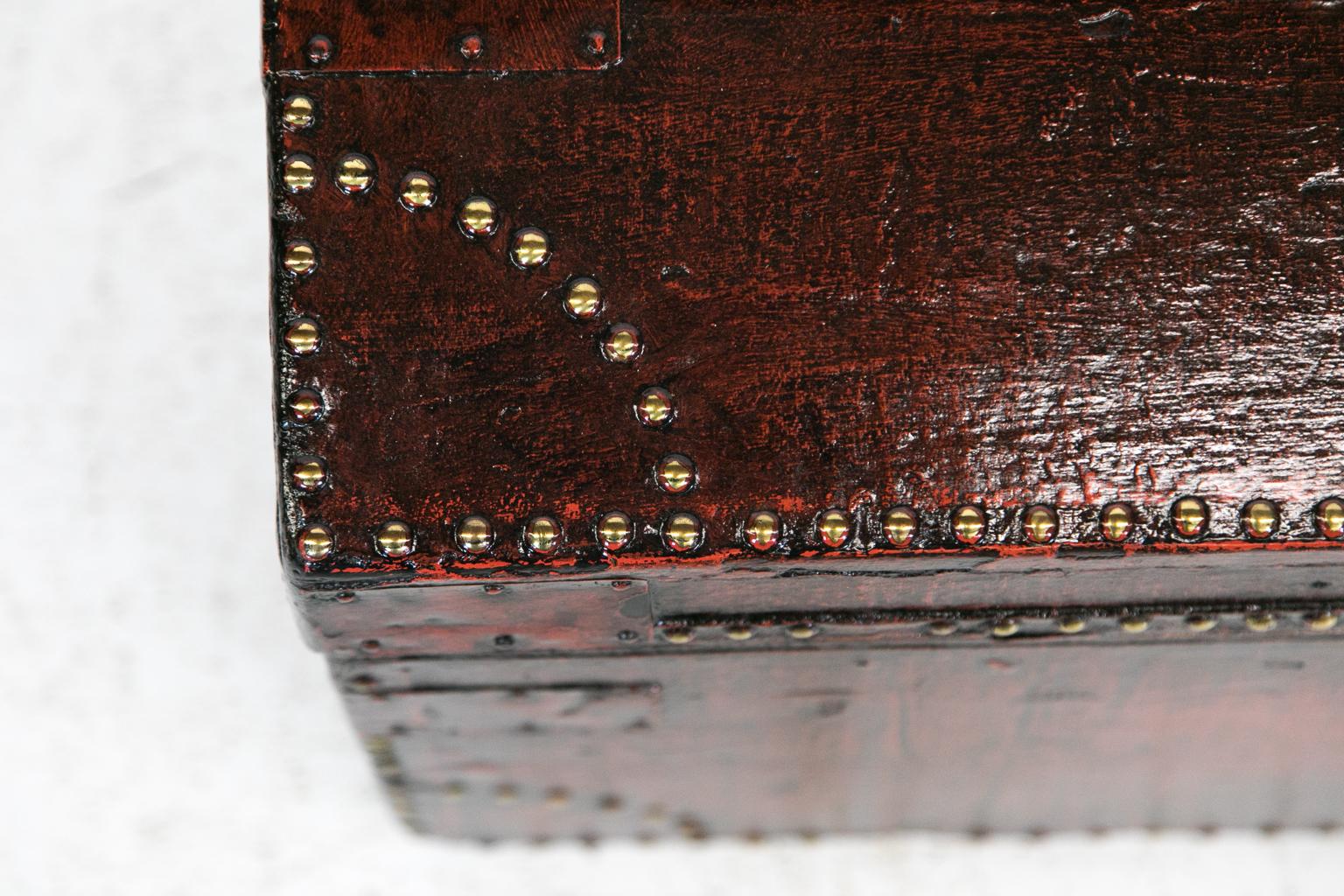 Steel English Brass Studded Painted Trunk For Sale