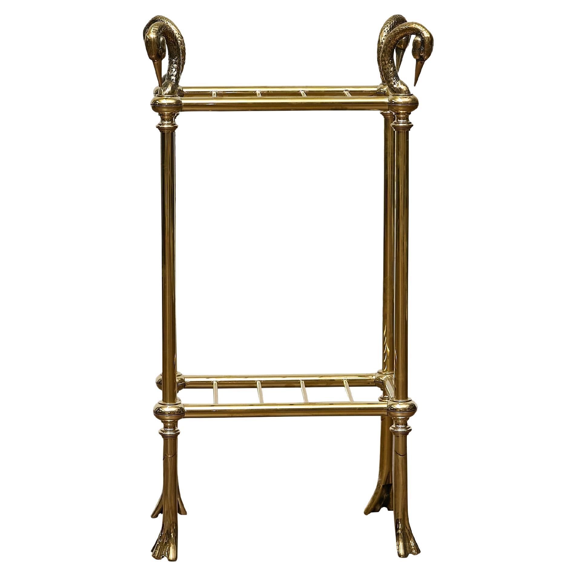 Portaombrelli inglese in ottone con manico di cigno, 1920 circa