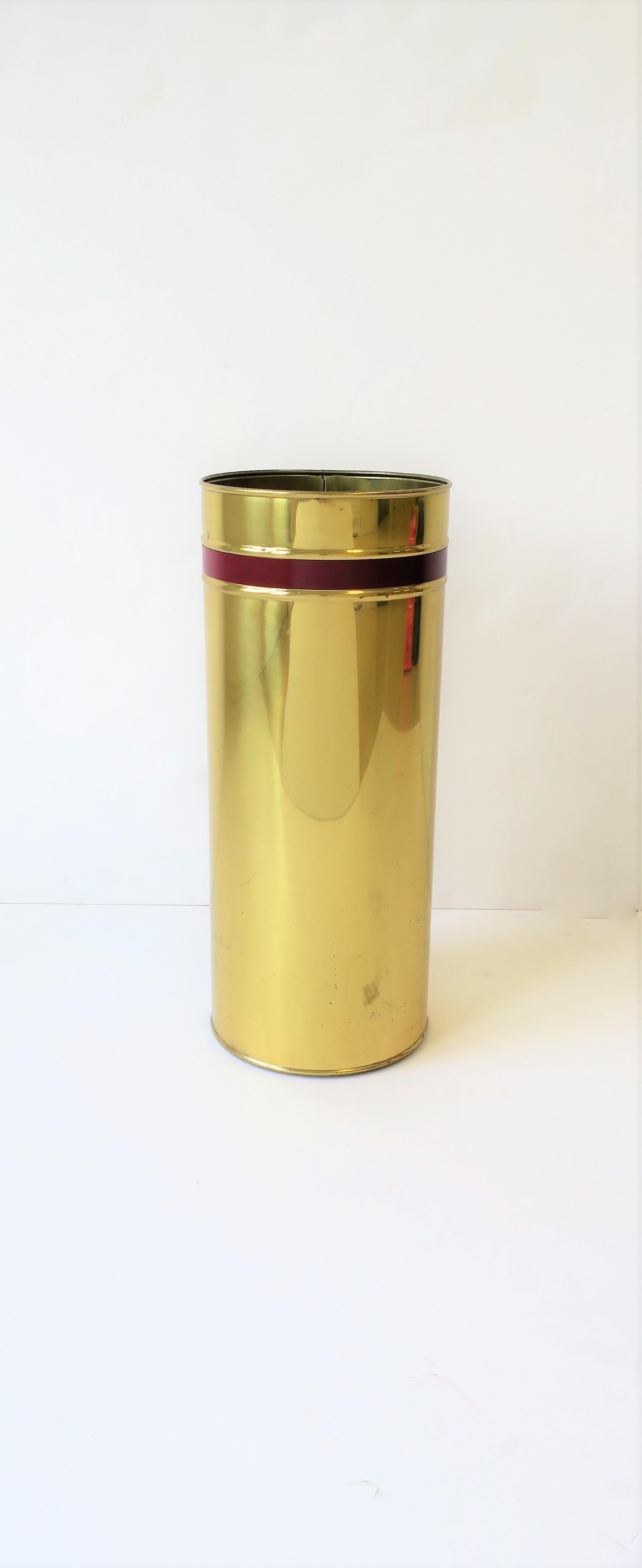Lacquered English Brass Umbrella Stand or Holder with Red Burgundy Stripe
