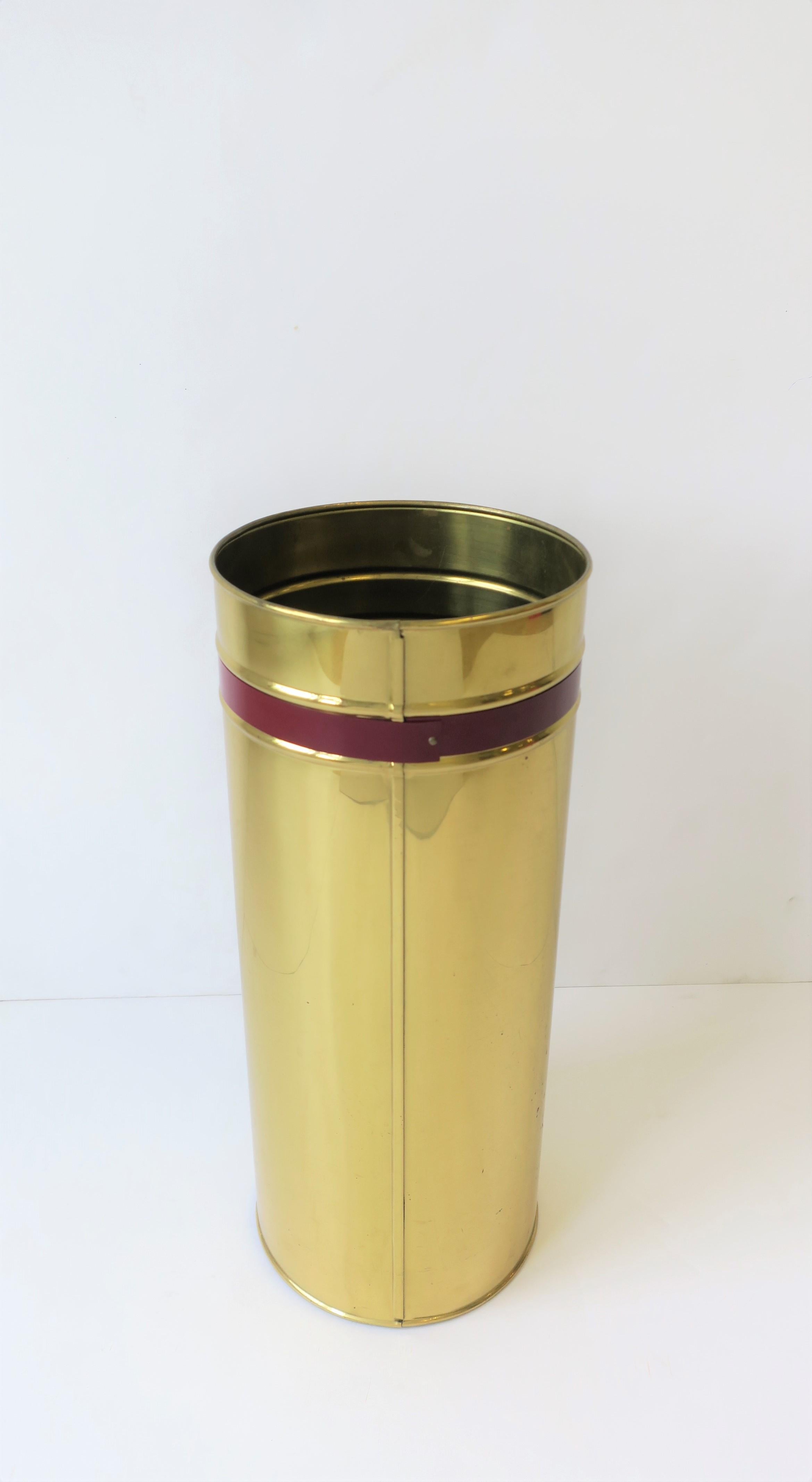 English Brass Umbrella Stand or Holder with Red Burgundy Stripe 2