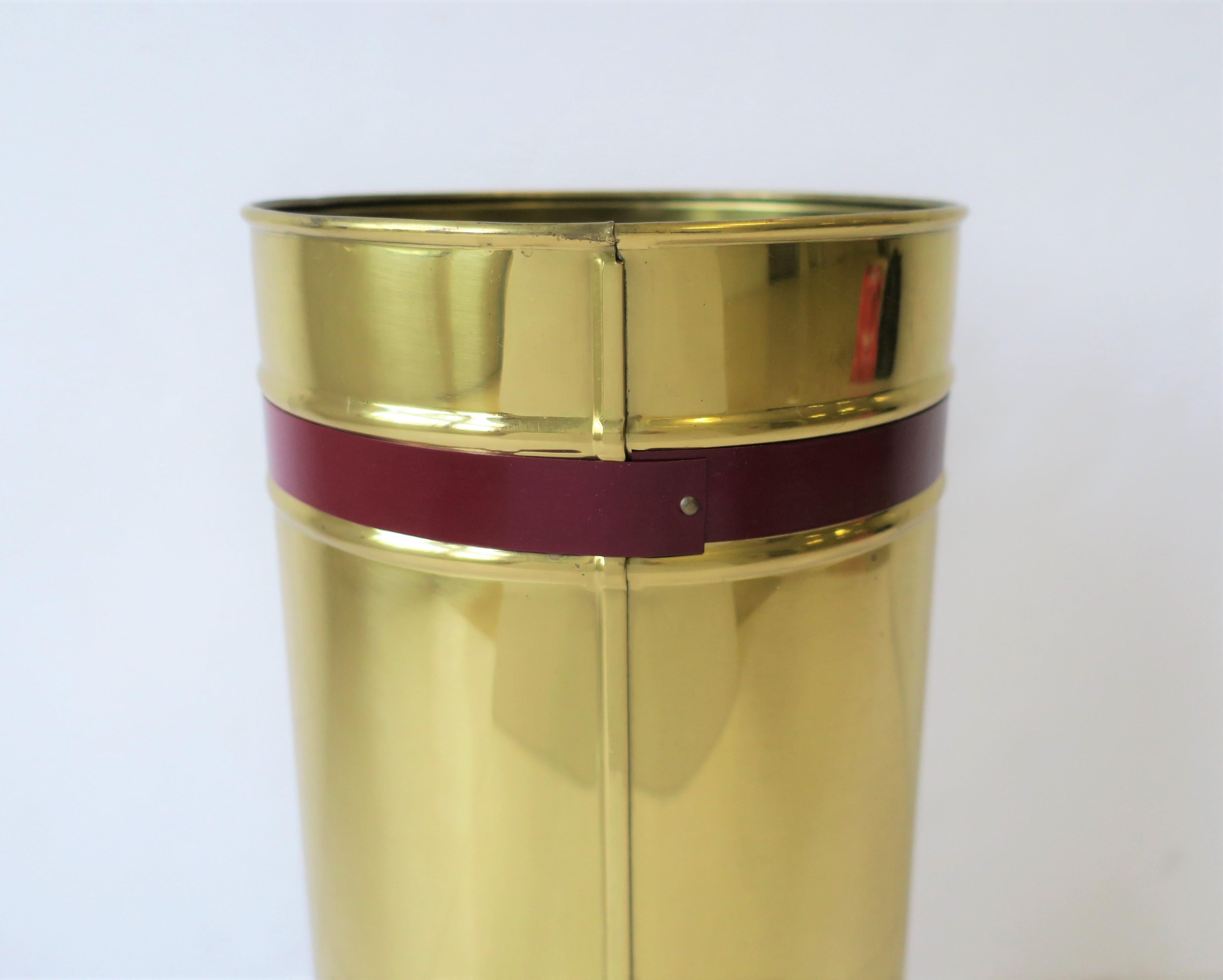 English Brass Umbrella Stand or Holder with Red Burgundy Stripe 3