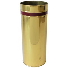 English Brass Umbrella Stand or Holder with Red Burgundy Stripe