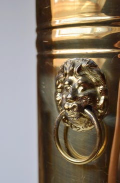 English Brass Umbrella Stand with Lion Head Handles, Vintage 1970s