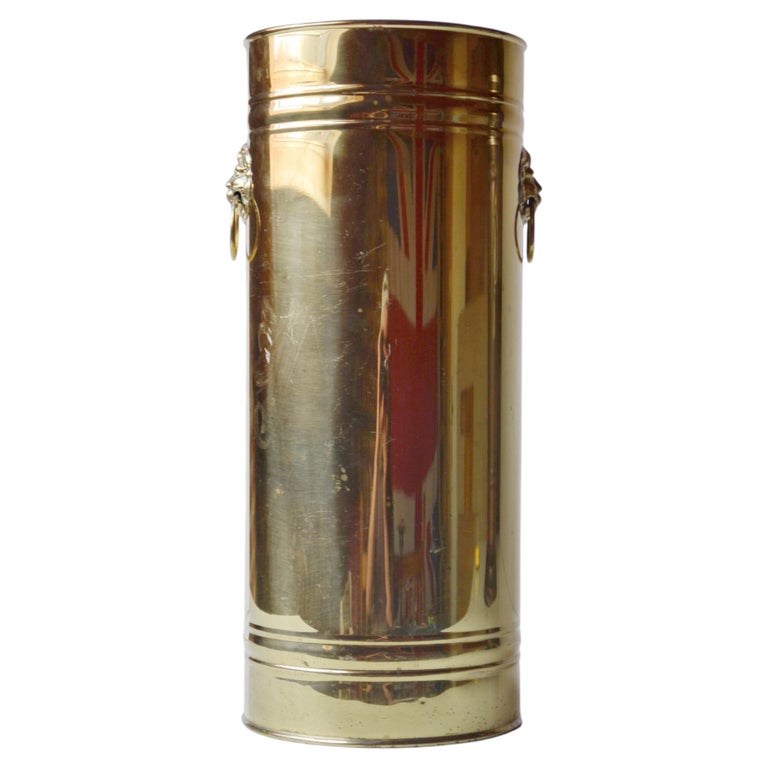 English Brass Umbrella Stand with Lion Head Handles, Vintage 1970s