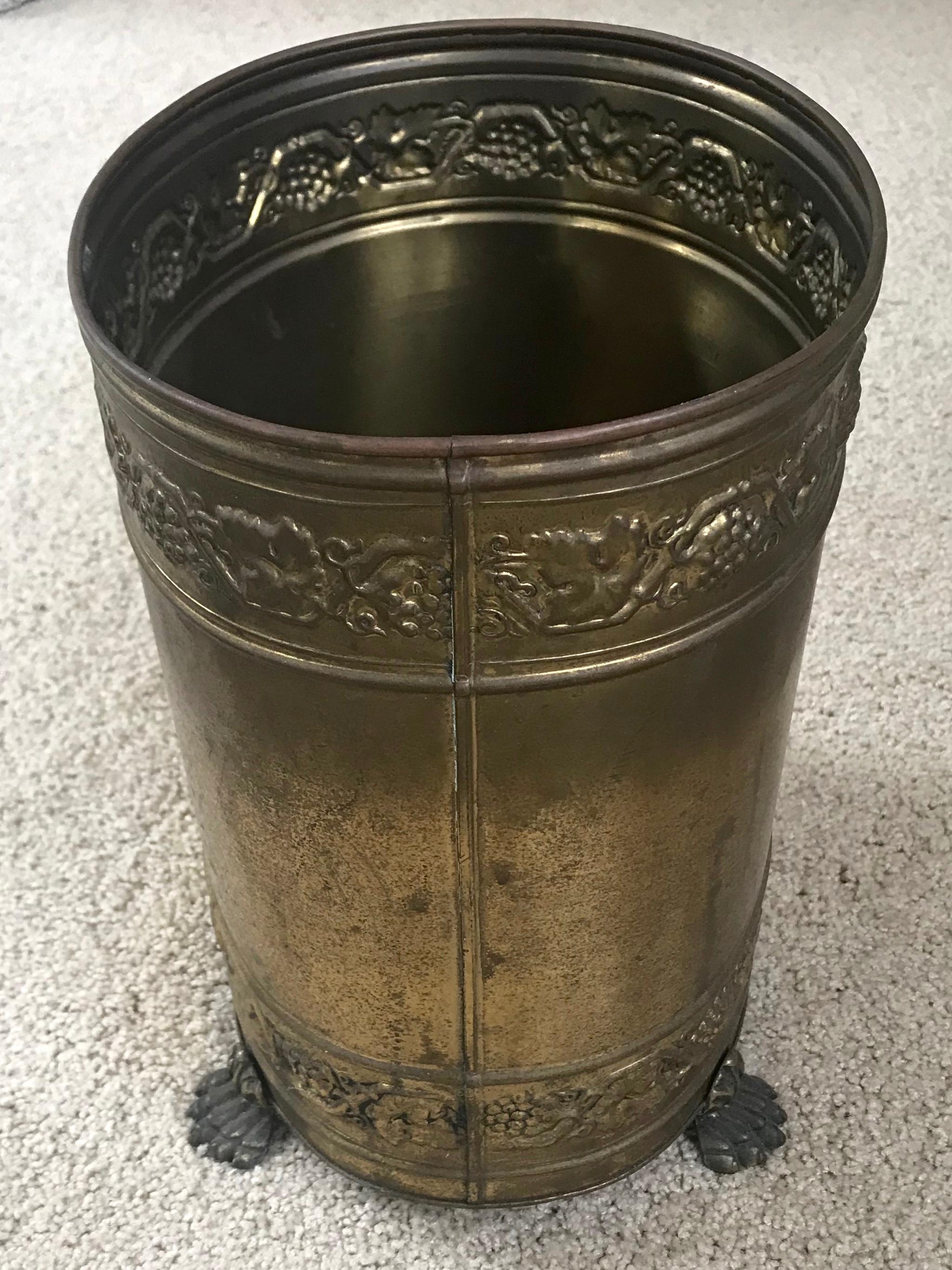 20th Century English Brass Wastebasket on Paw Feet