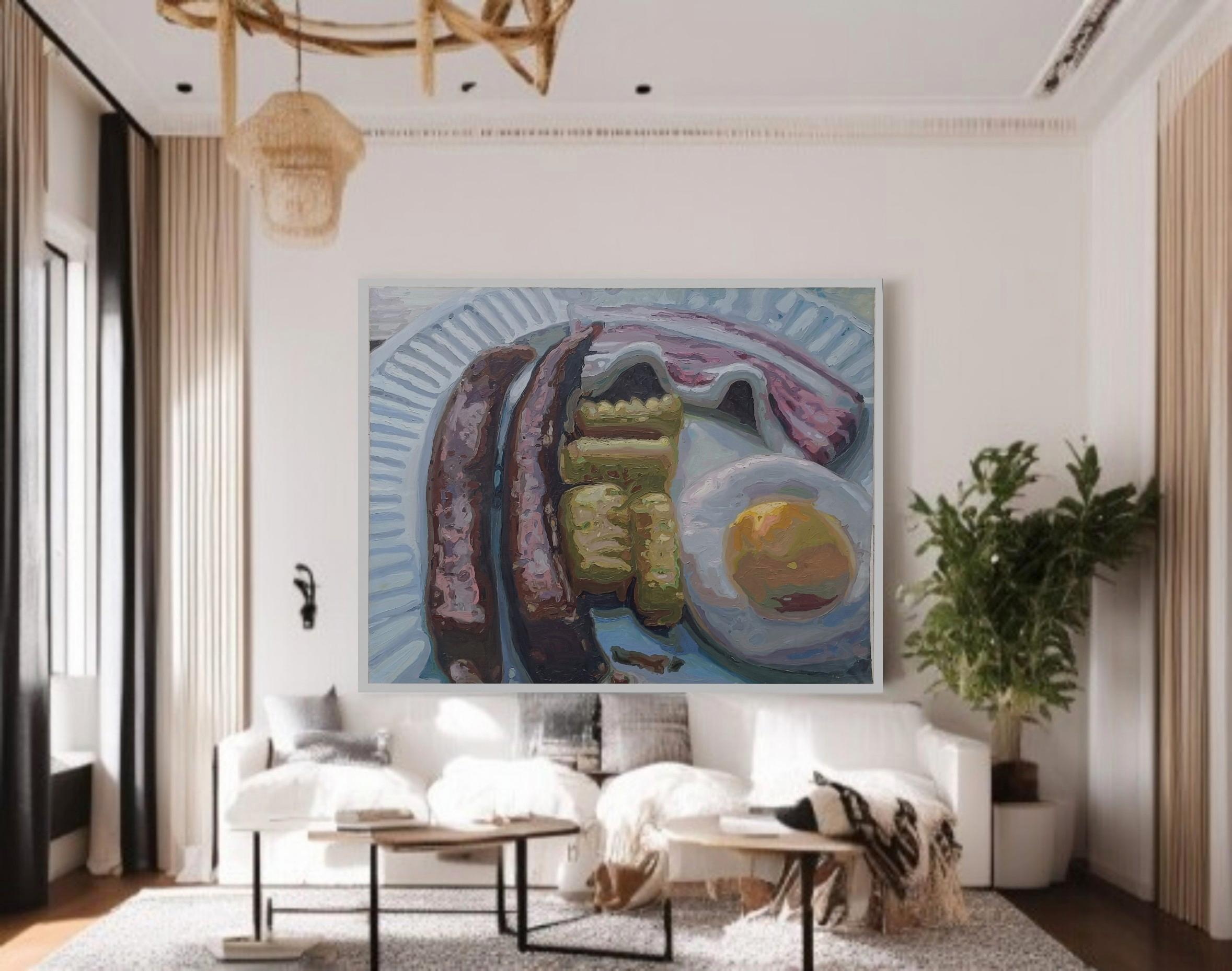 L'opera raffigura una colazione abbondante, composta da salsicce, pancetta, uova  disposti su un piatto. L'artista utilizza una tecnica pittorica che esalta la texture e il volume degli alimenti, con pennellate visibili che conferiscono dinamismo e
