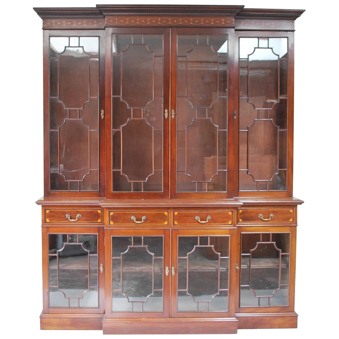 English Breakfront Mahogany Bookcase For Sale