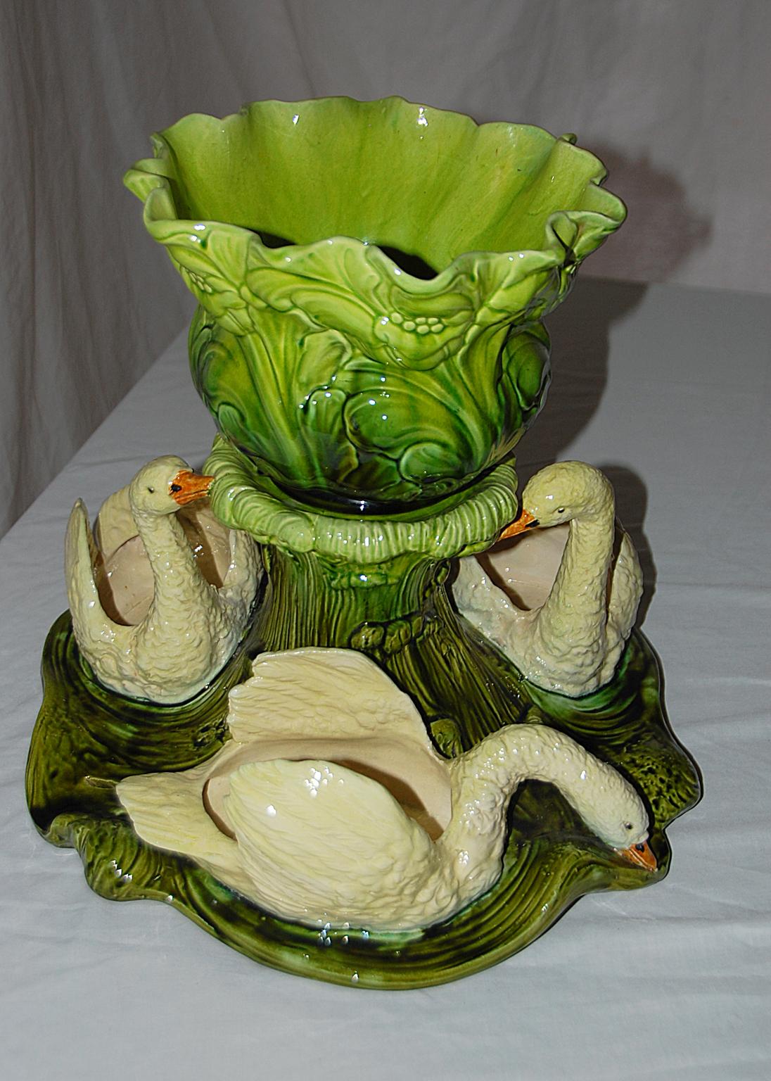 Victorian English Bretby Majolica Swan and Cabbage Centerpiece of Significant Size