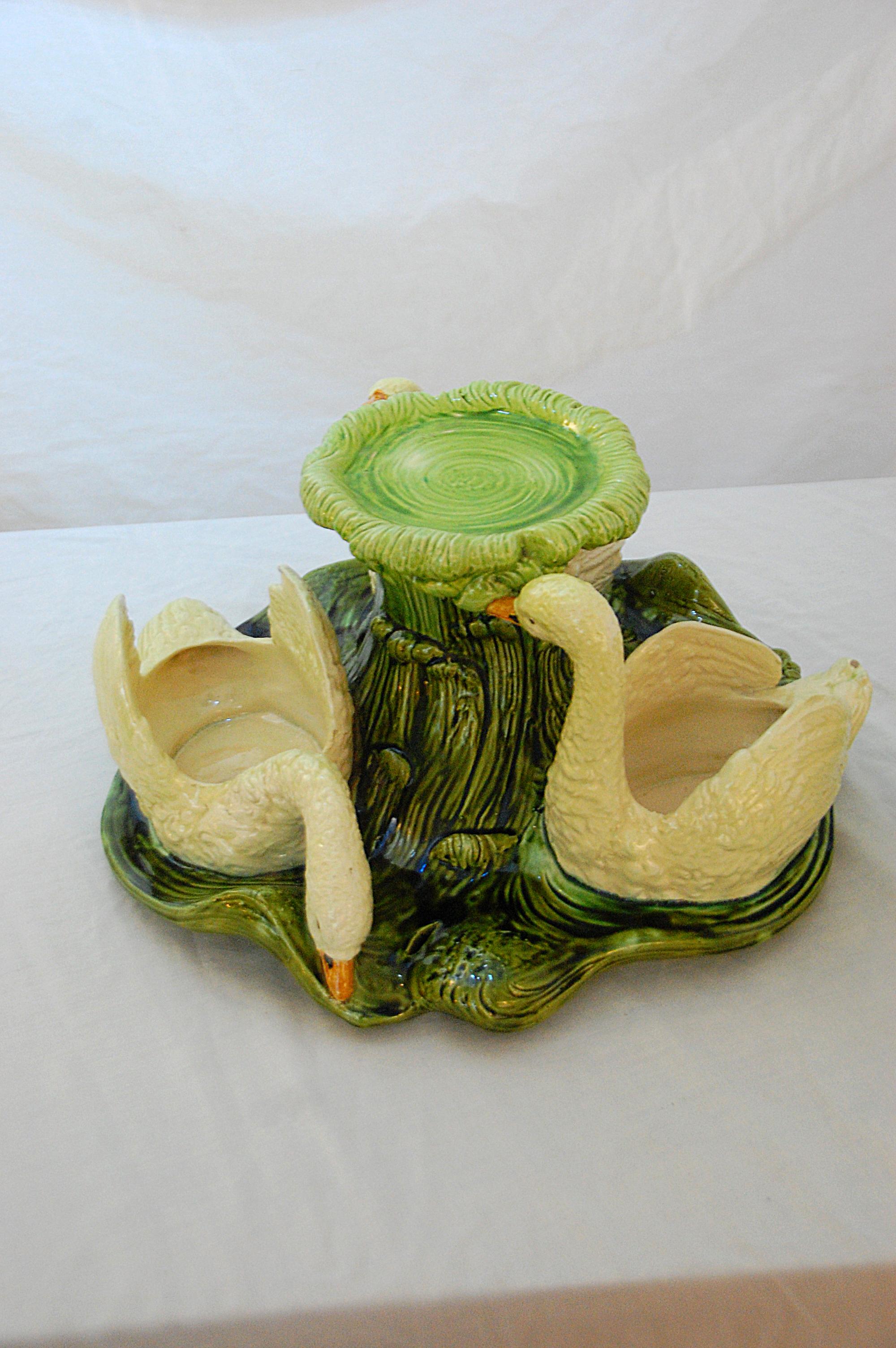 20th Century English Bretby Majolica Swan and Cabbage Centerpiece of Significant Size