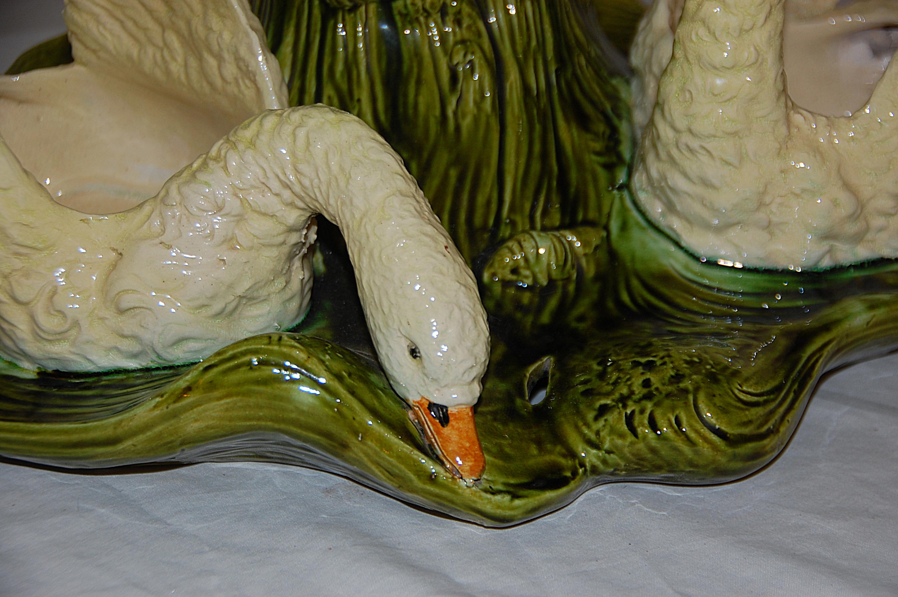 Pottery English Bretby Majolica Swan and Cabbage Centerpiece of Significant Size