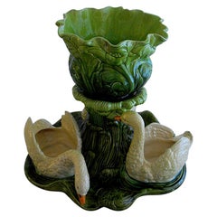 English Bretby Majolica Swan and Cabbage Centerpiece of Significant Size