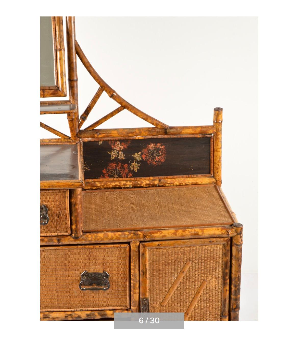 Aesthetic Movement English Brighton Bamboo Woven Rattan Mirrored Vanity Dresser- 19th century