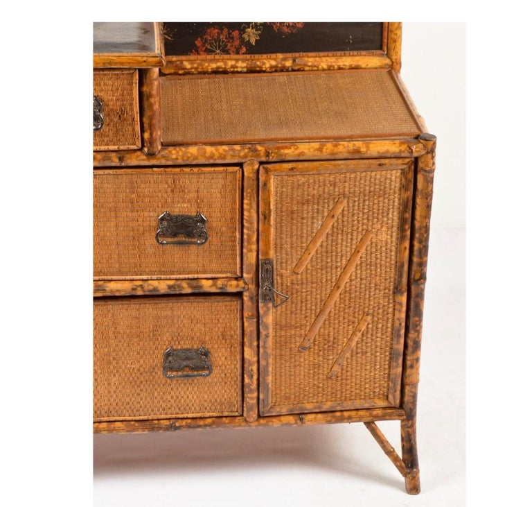 English Brighton Bamboo Woven Rattan Mirrored Vanity Dresser 19th