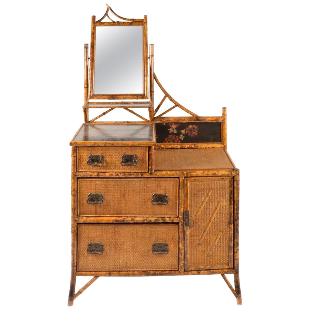 English Brighton Bamboo Woven Rattan Mirrored Vanity Dresser- 19th century