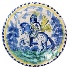 English Bristol Delftware Blue Dash Pottery Charger with an Equestrian Figure