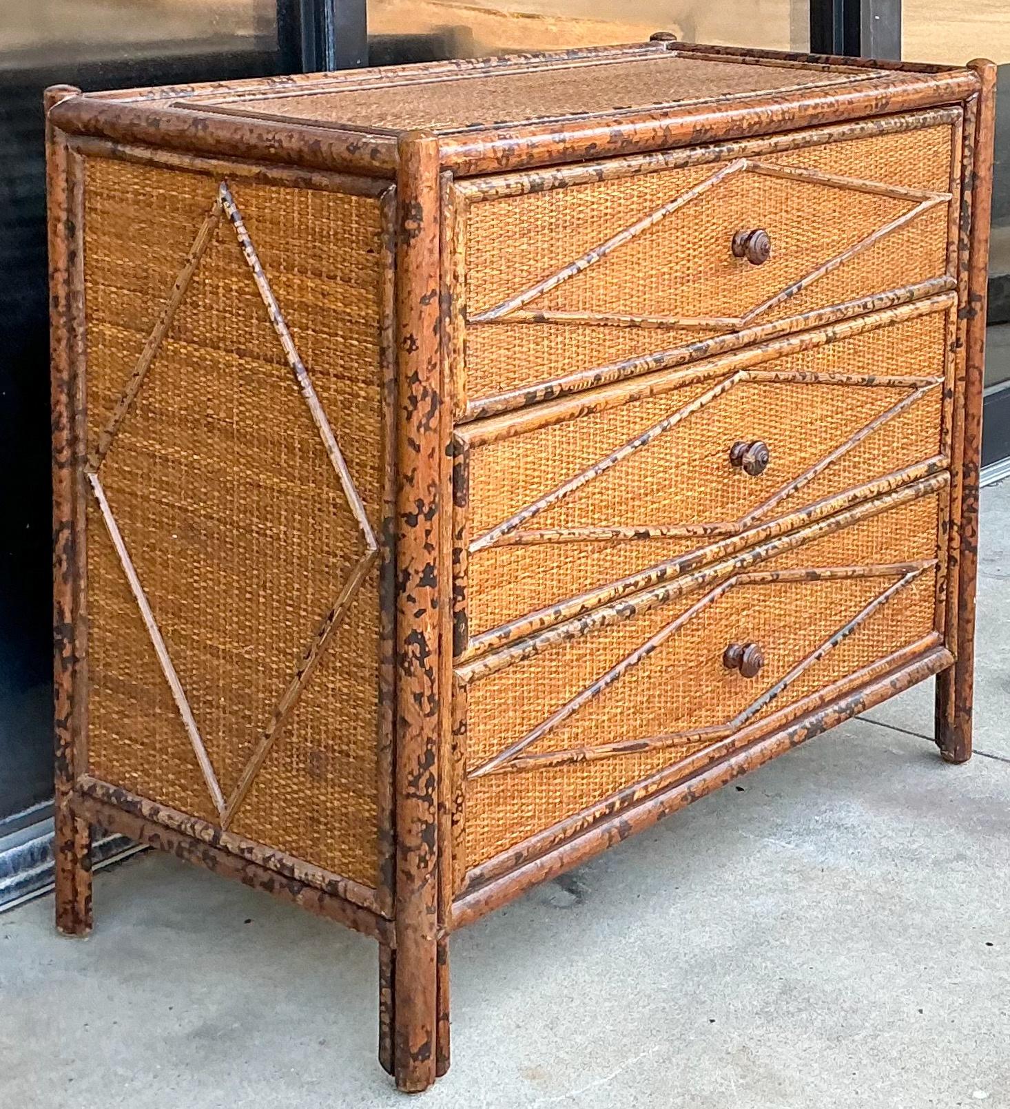 Philippine English British Colonial Style Burnt Bamboo / Faux Tortoise Commode / Chest
