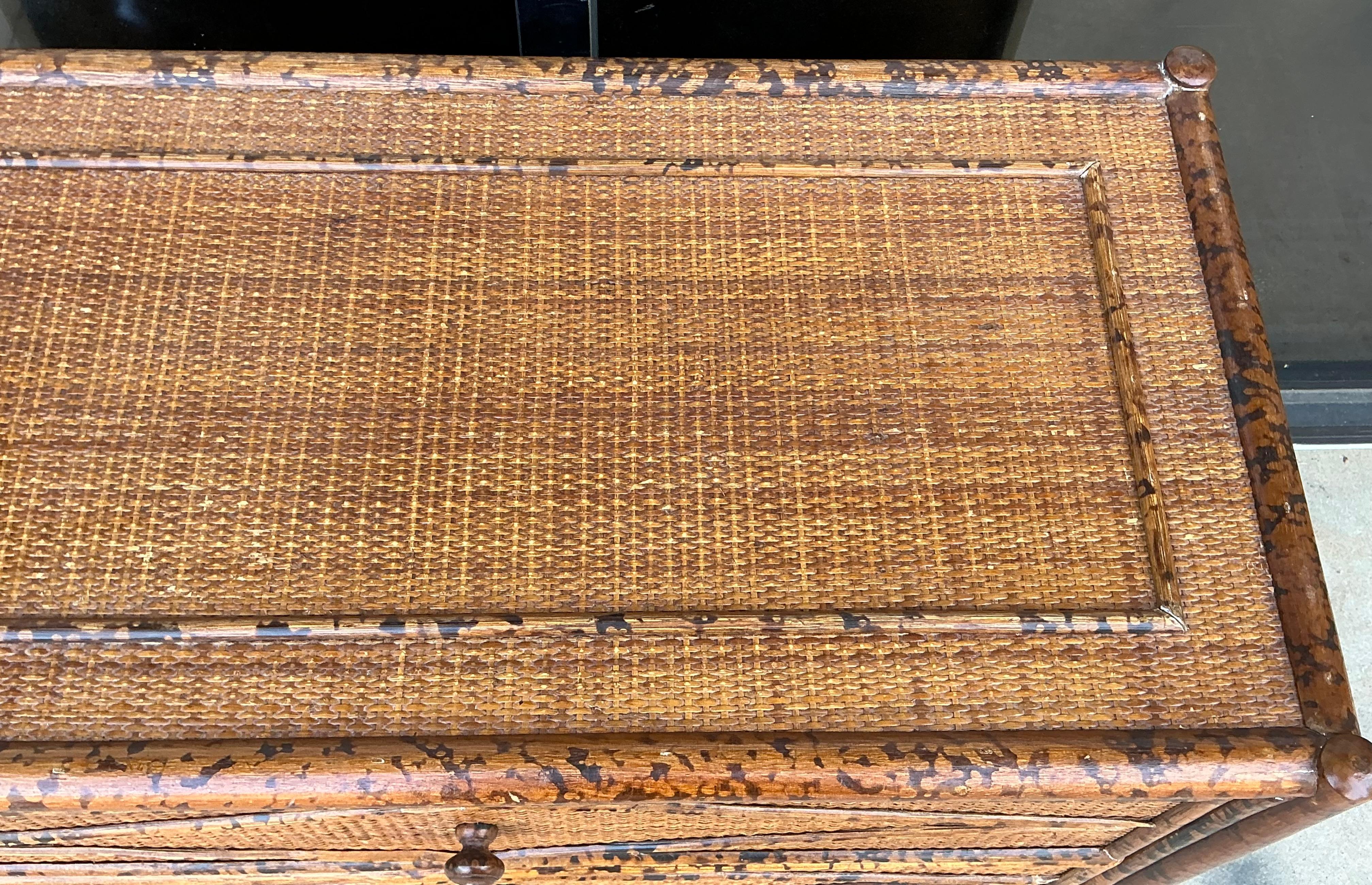 20th Century English British Colonial Style Burnt Bamboo / Faux Tortoise Commode / Chest