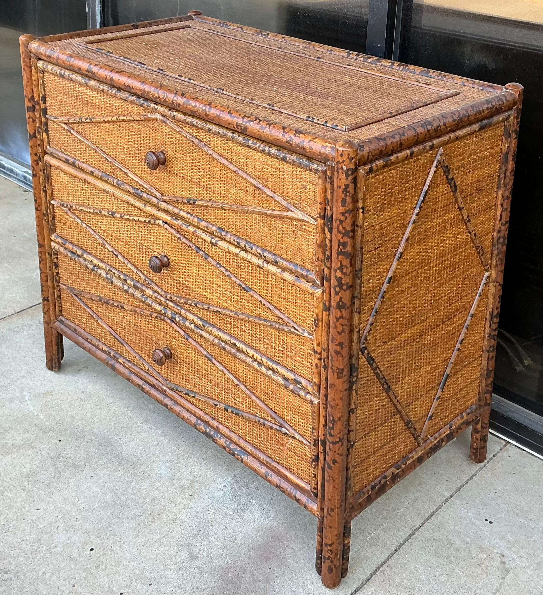 English British Colonial Style Burnt Bamboo / Faux Tortoise Commode / Chest 1