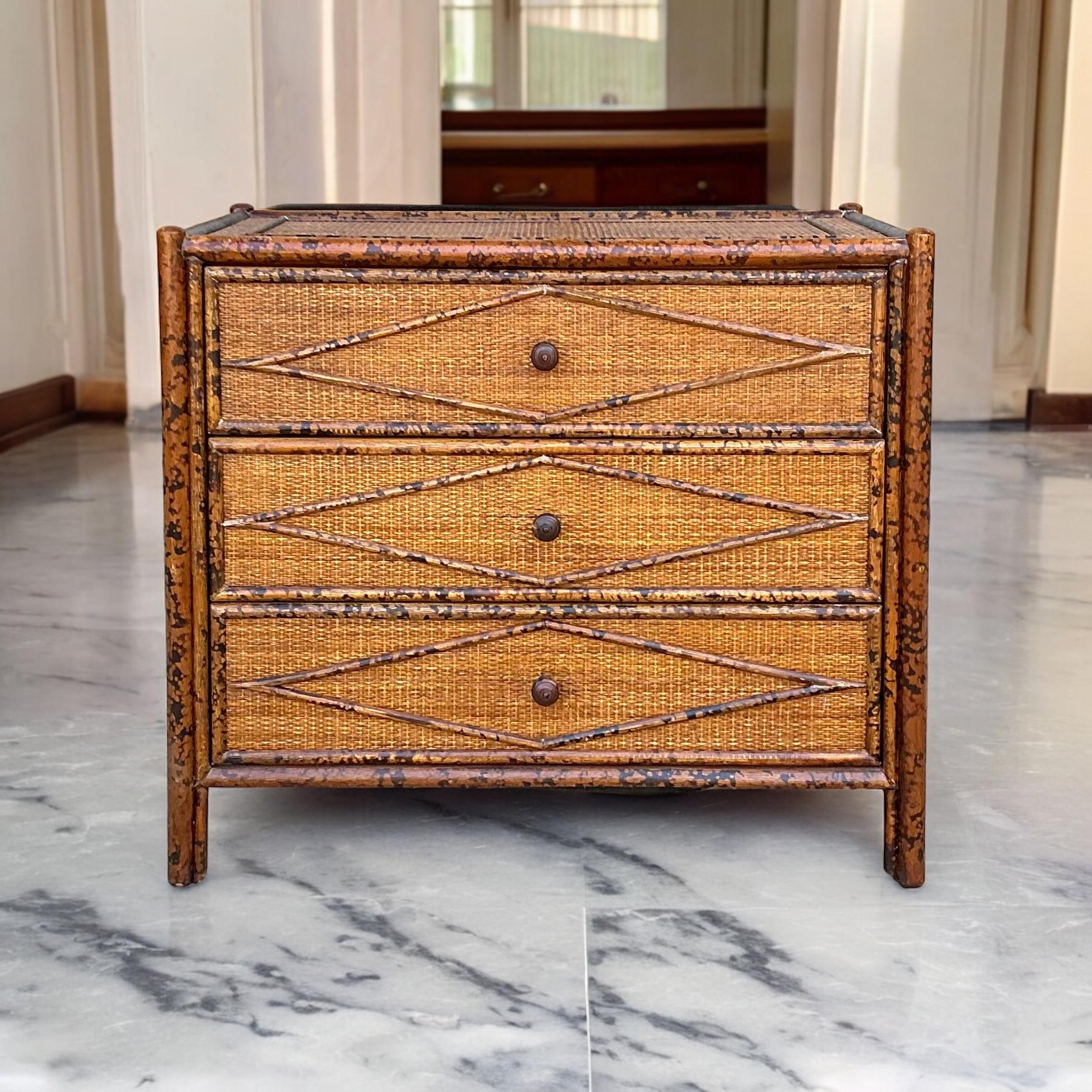 English British Colonial Style Burnt Bamboo / Faux Tortoise Commode / Chest 2