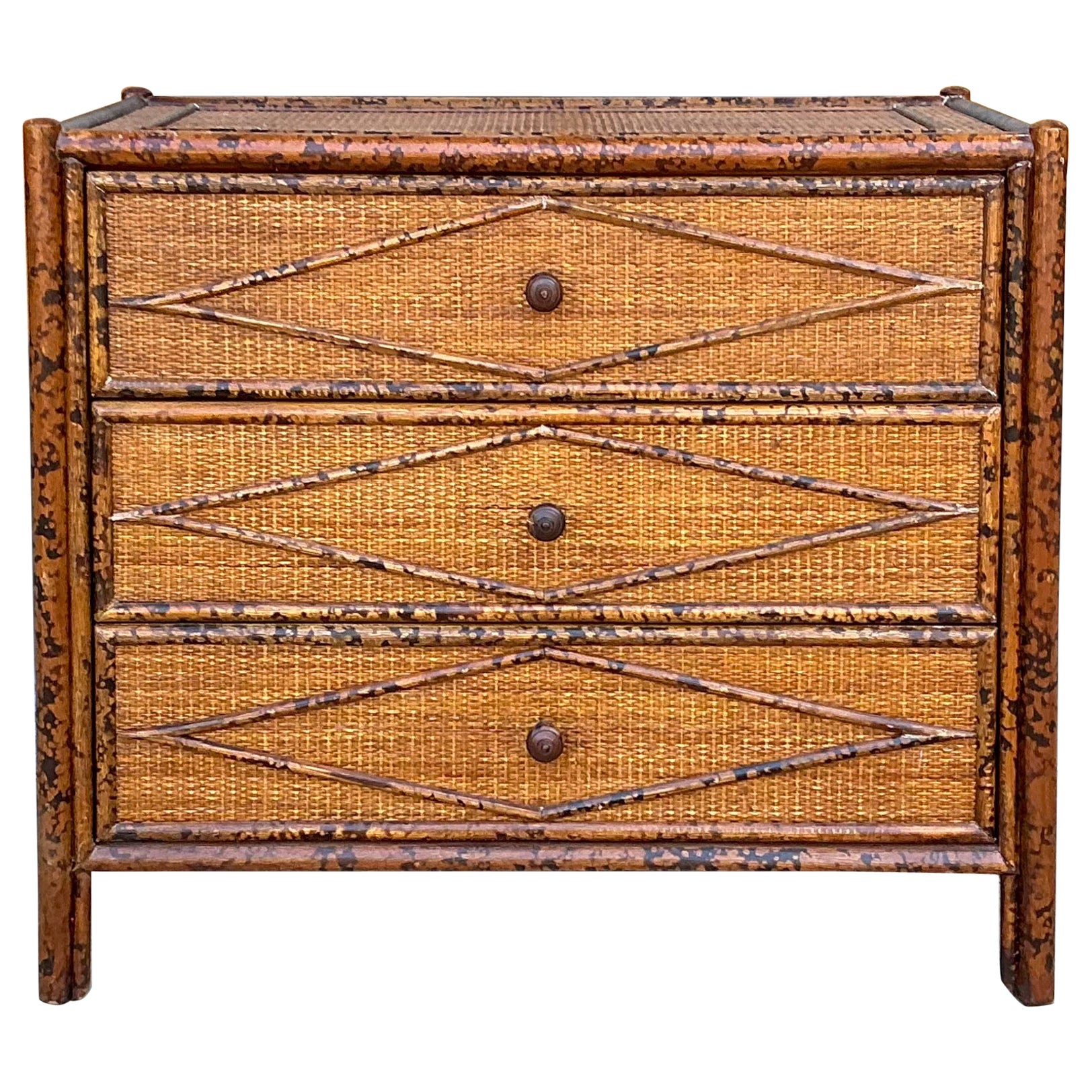English British Colonial Style Burnt Bamboo / Faux Tortoise Commode / Chest
