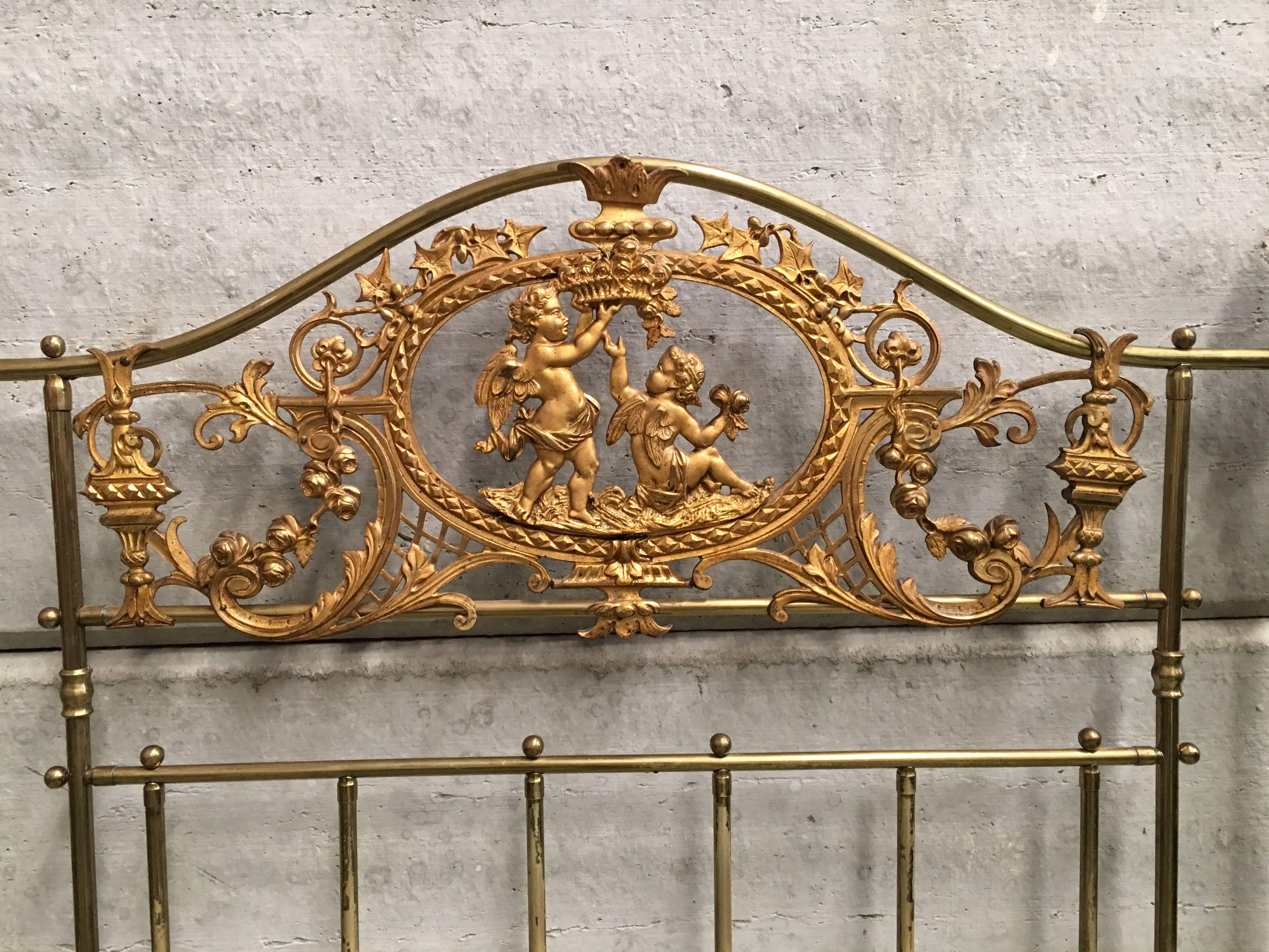 English Bronze and Brass Twin Extra Large Bed with Cherubs, Headboard, Signed 3