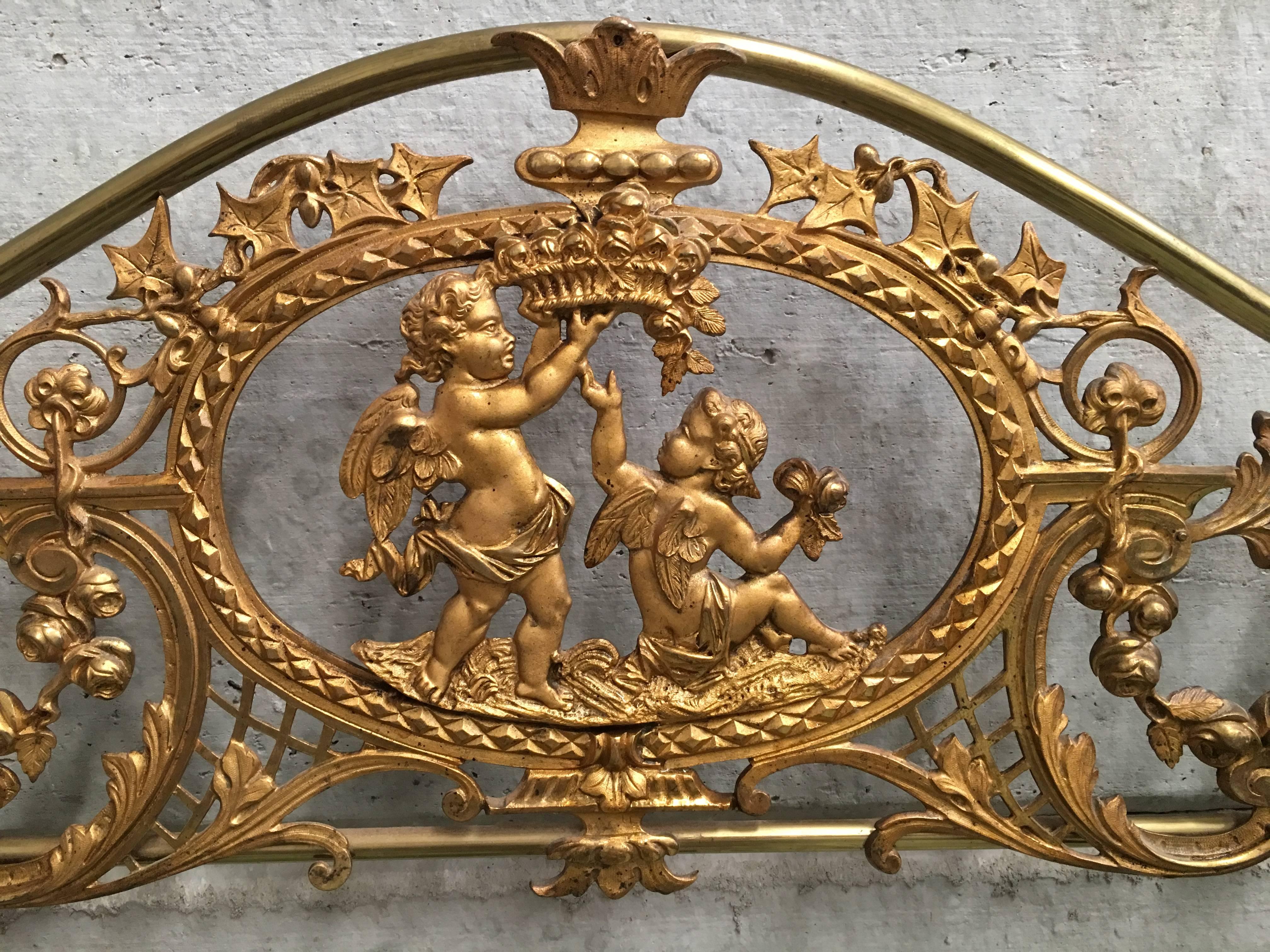 English Bronze and Brass Twin Extra Large Bed with Cherubs, Headboard, Signed 4