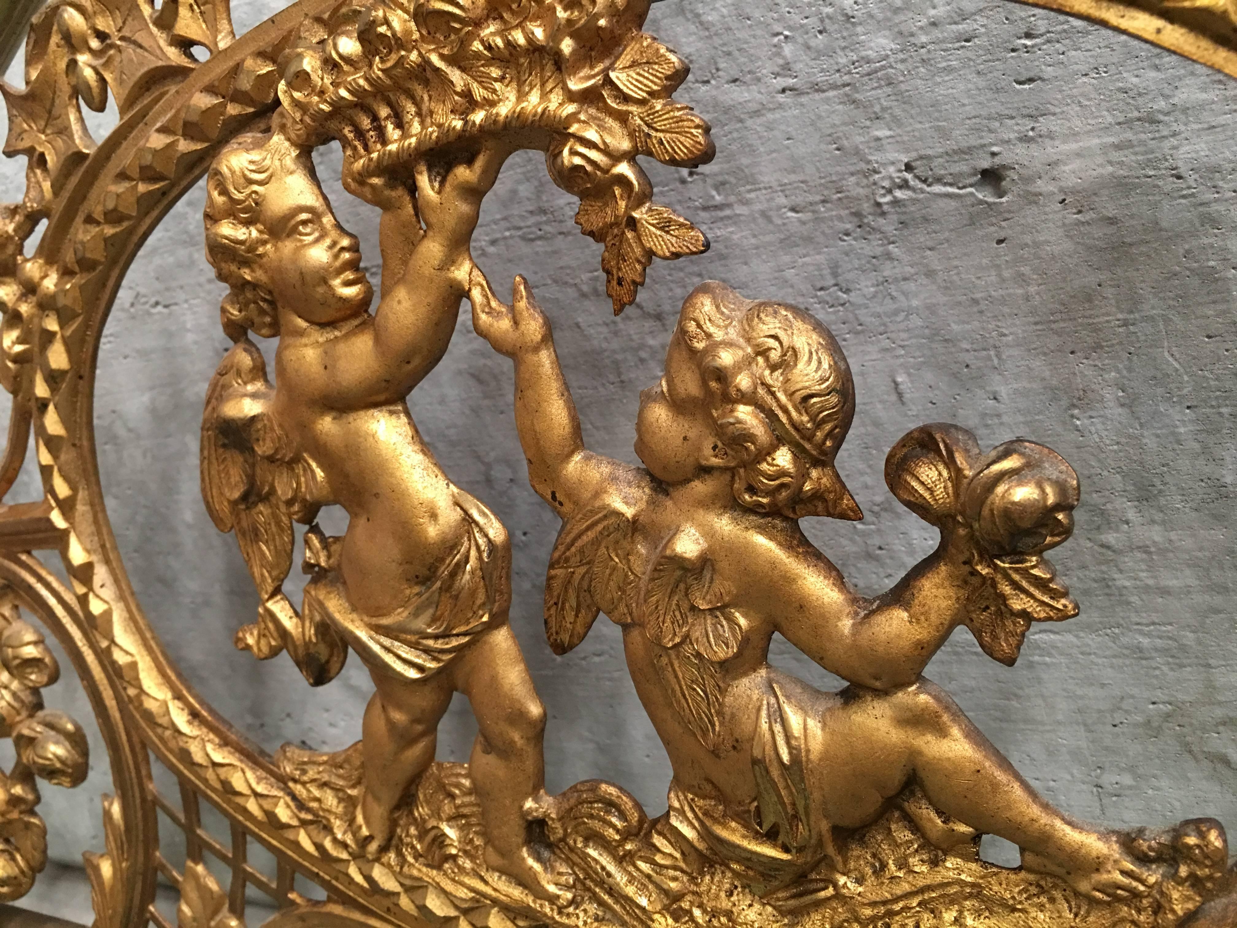 English Bronze and Brass Twin Extra Large Bed with Cherubs, Headboard, Signed 5