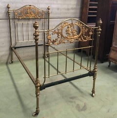 English Bronze and Brass Twin Extra Large Bed with Cherubs, Headboard, Signed