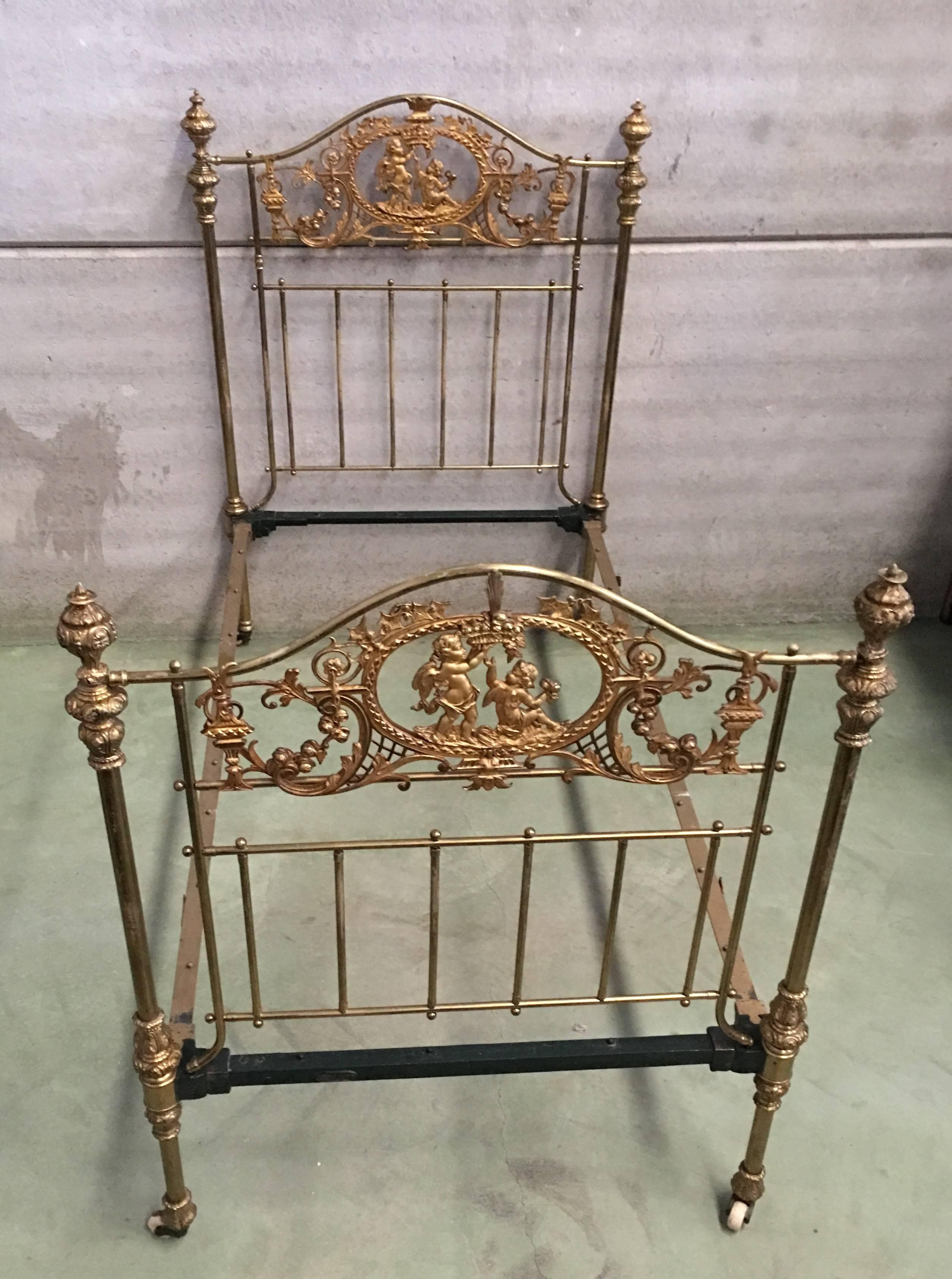 Baroque Revival English Bronze and Brass Twin Extra Large Bed with Cherubs, Headboard, Signed