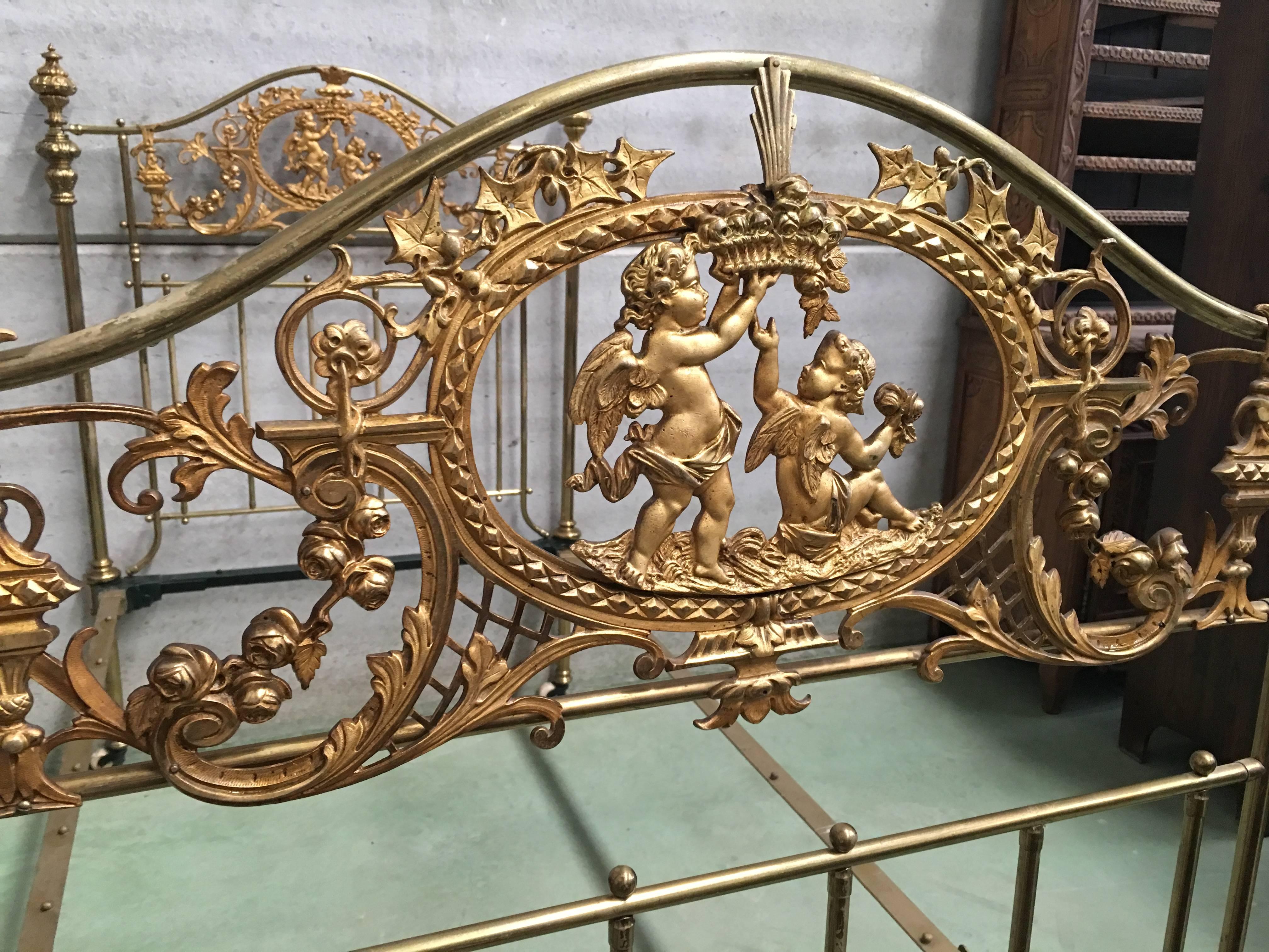 English Bronze and Brass Twin Extra Large Bed with Cherubs, Headboard, Signed In Good Condition In Miami, FL
