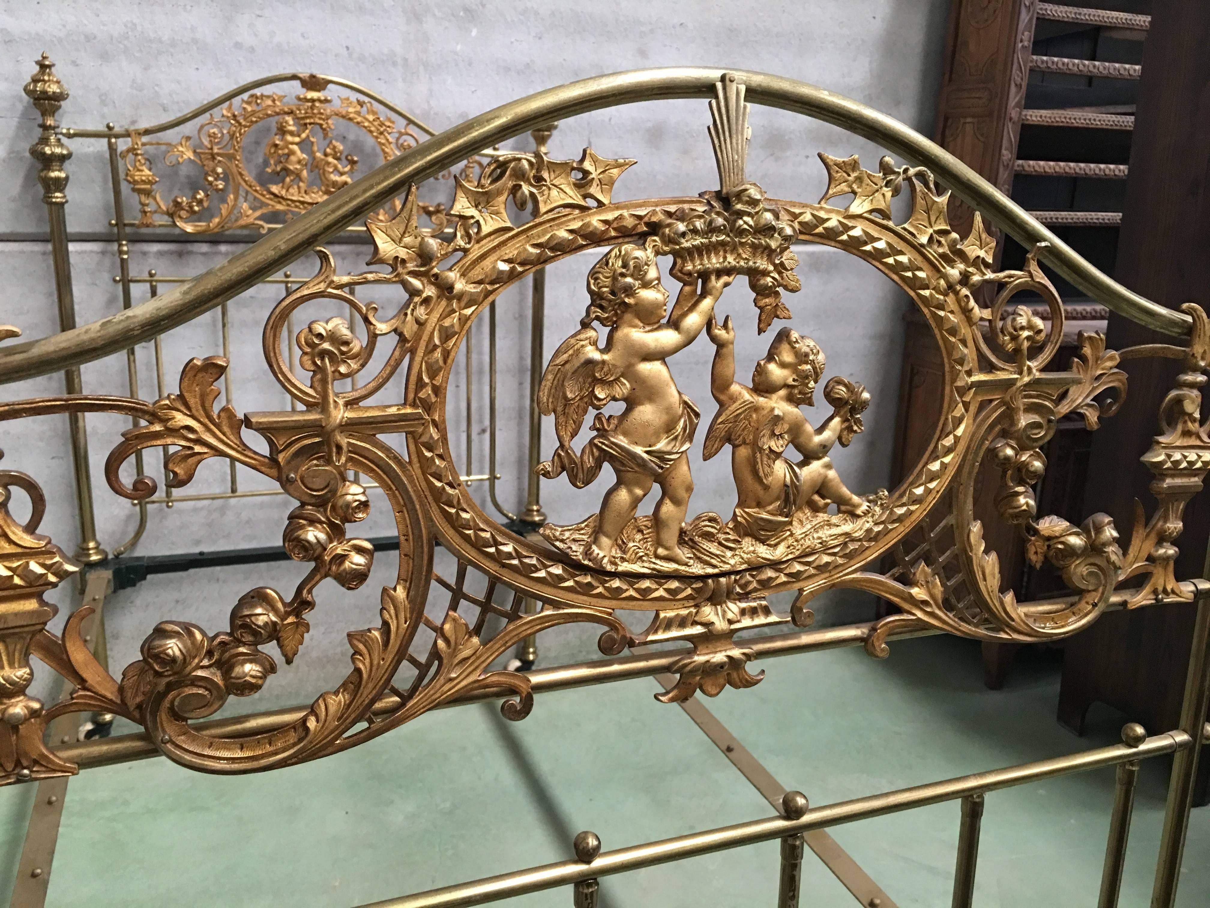 19th Century English Bronze and Brass Twin Extra Large Bed with Cherubs, Headboard, Signed