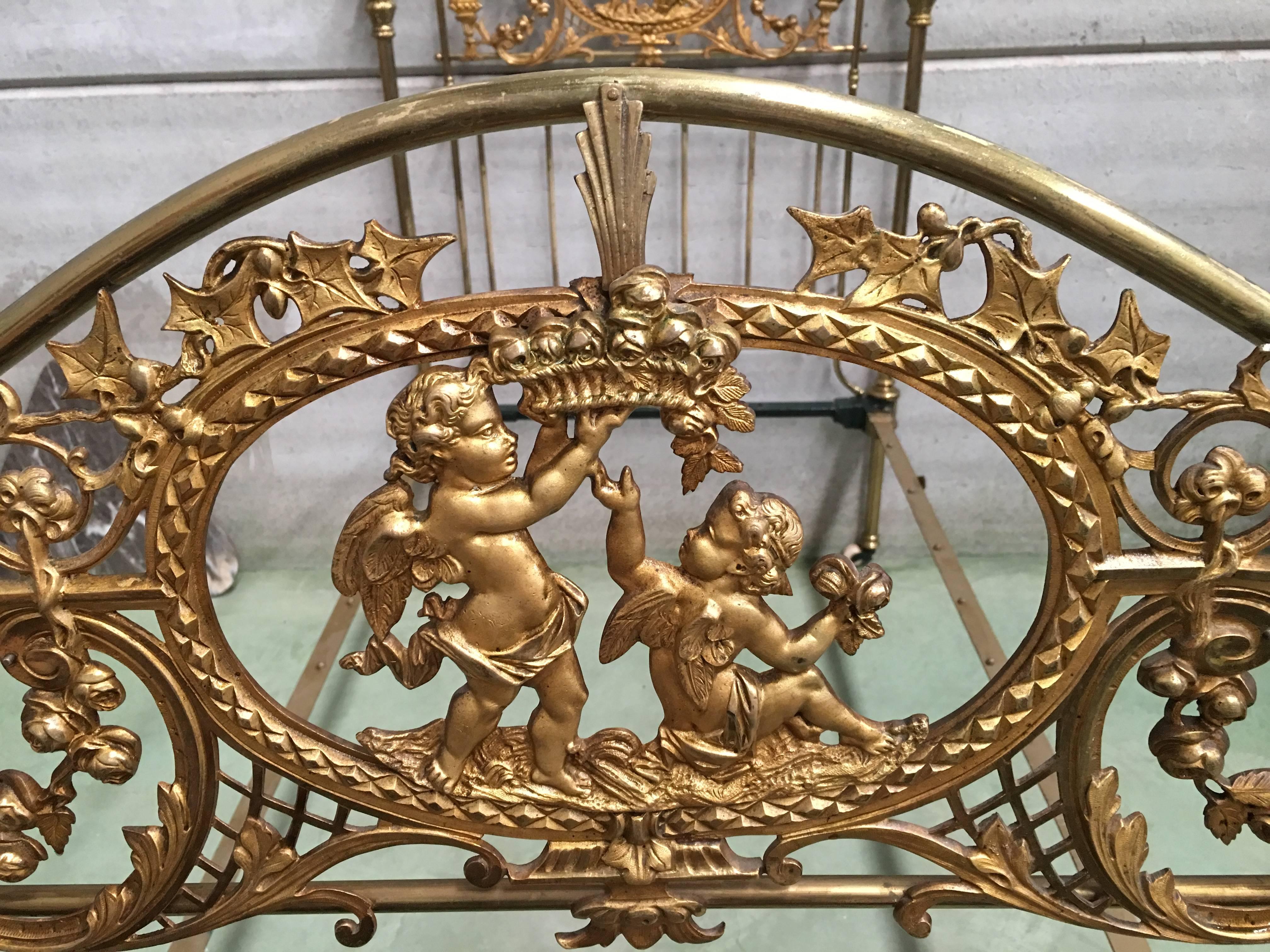 English Bronze and Brass Twin Extra Large Bed with Cherubs, Headboard, Signed 1
