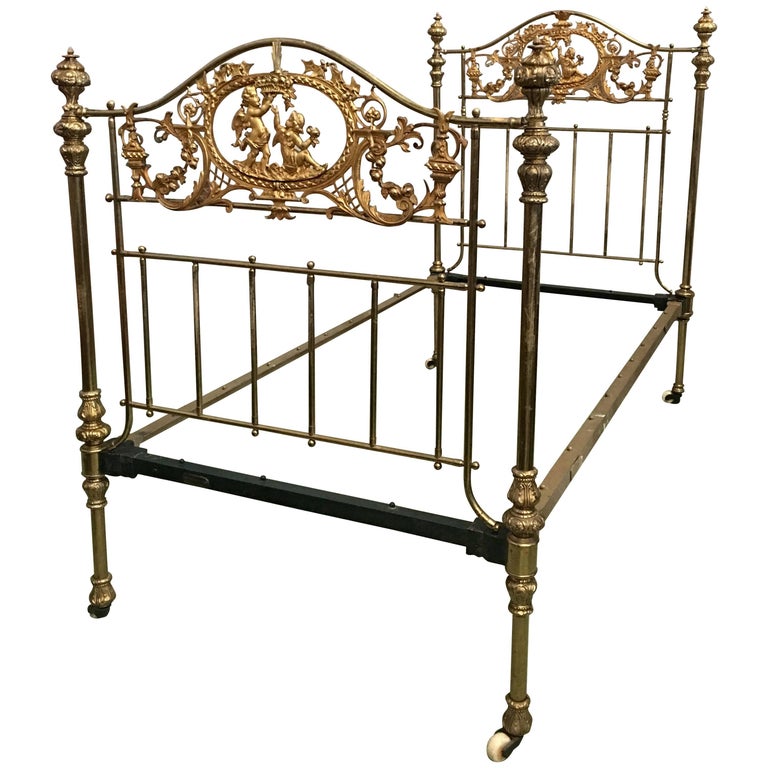 English Bronze and Brass Twin Extra Large Bed with Cherubs, Headboard