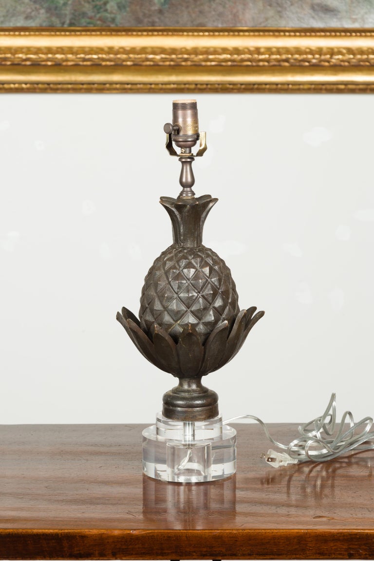 English Bronze Pineapple Wired Table Lamp with Round Lucite Base For