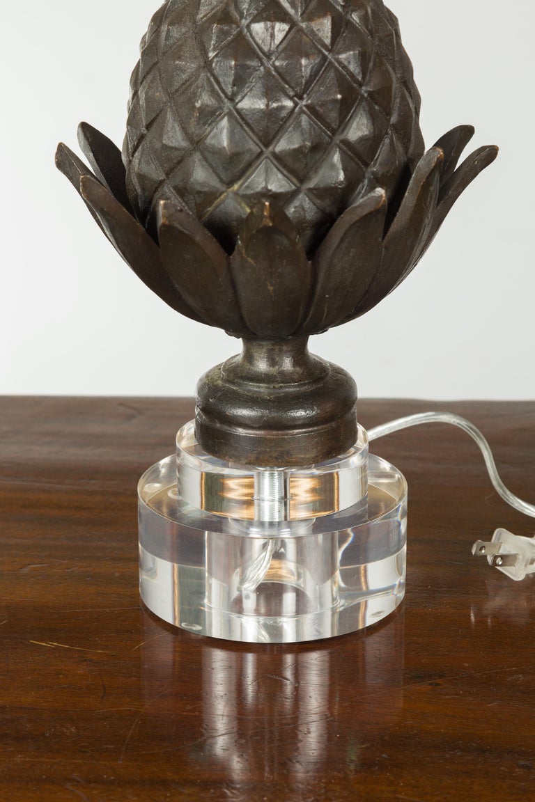 English Bronze Pineapple Wired Table Lamp with Round Lucite Base For