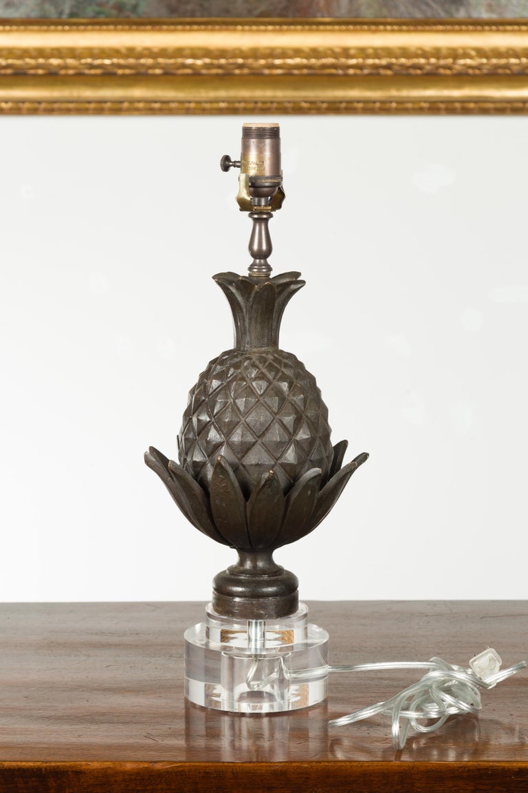 English Bronze Pineapple Wired Table Lamp with Round Lucite Base For