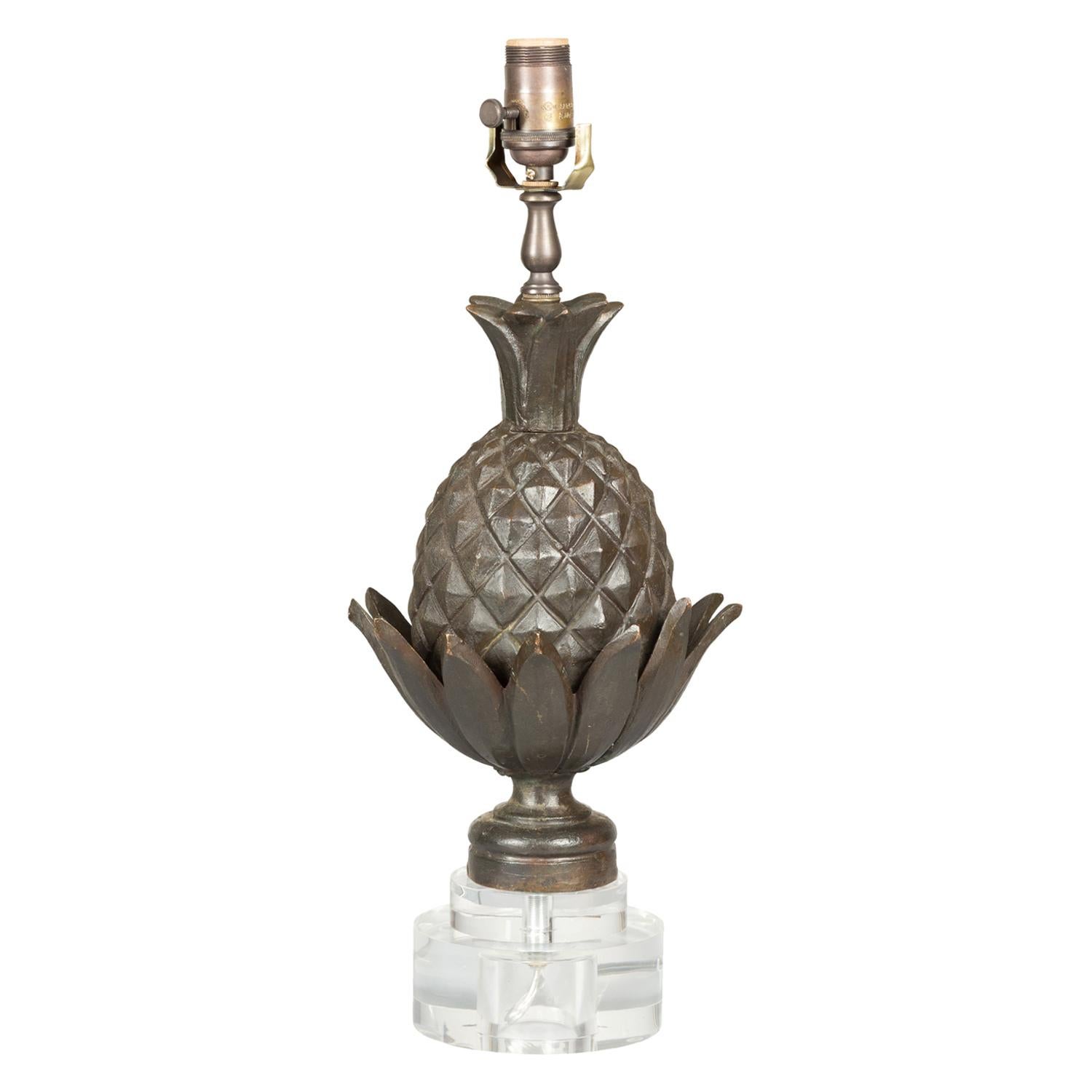 English Bronze Pineapple Wired Table Lamp with Round Lucite Base